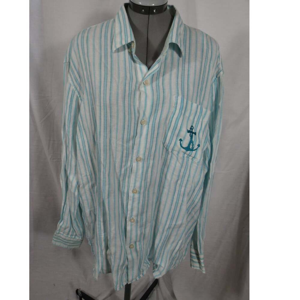 Tommy Bahama Women's XL Linen Striped Anchor Button Up Collared Blouse Nautical